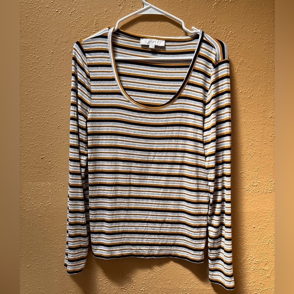 Loft Striped Long Sleeve Scoop Neck Top Mustard Black Grey White Ribbed Large